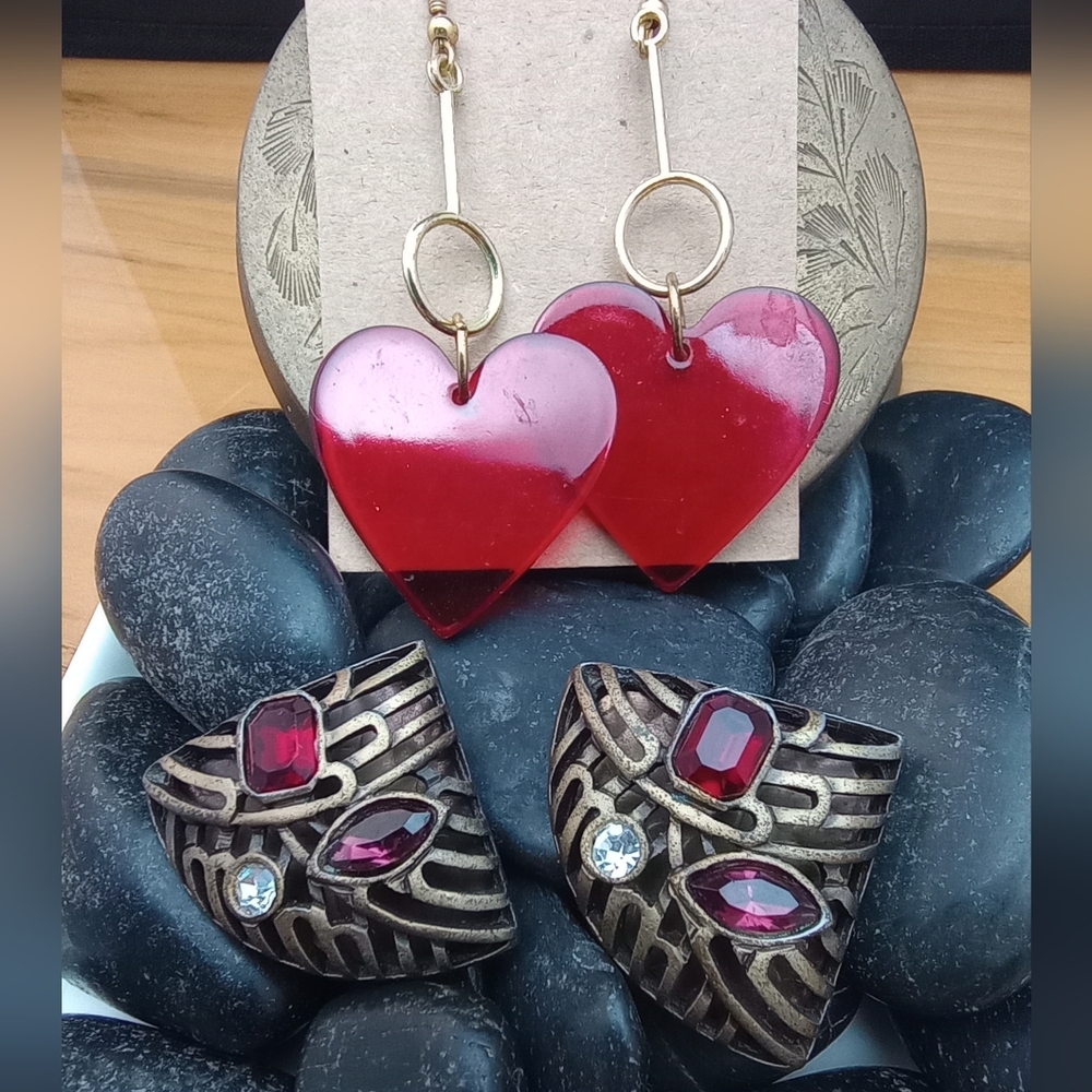 Edgy Heart Earring Lot Acetate Drop Wire, Bronze Steampunk Bling Post
